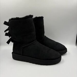 UGG Shearling Boots Womens Size 6 Black Suede Bow Back Mid Calf Winter Warm